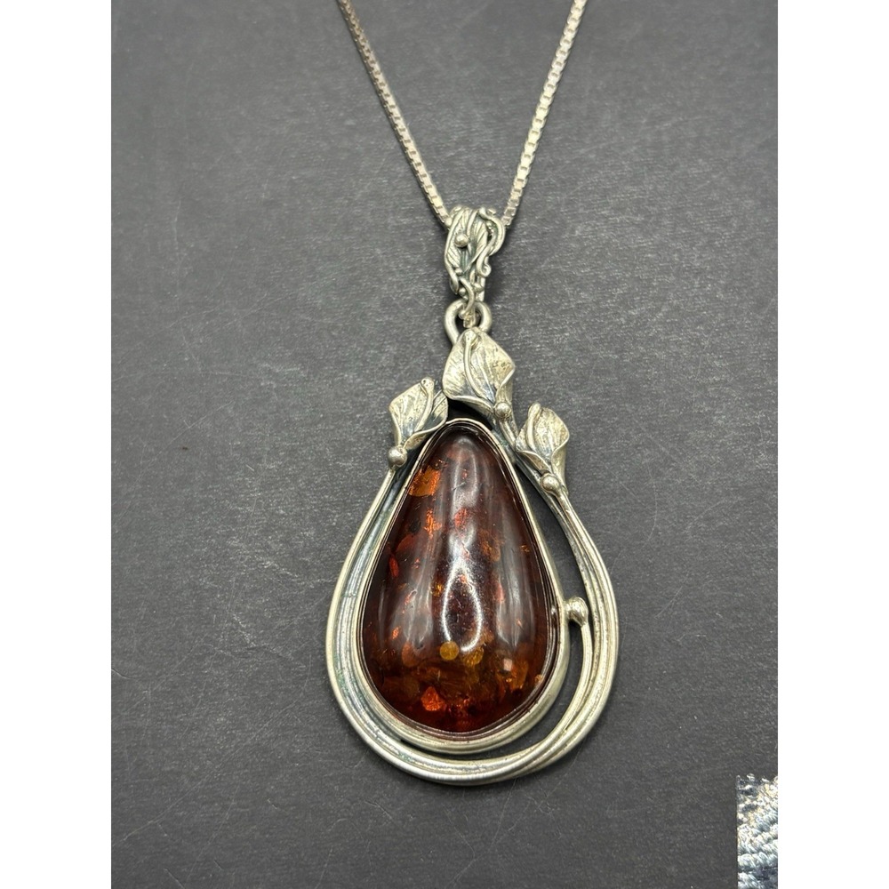 Vintage 16" Sterling Silver Amber Pendant Necklace 20 Grams H4